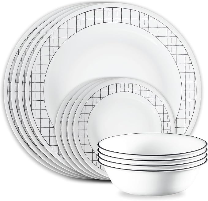 Corelle Vitrelle 18-Piece Service for 6 Dinnerware Set, Triple Layer Glass and Chip Resistant, Lightweight Round Plates and Bowls Set, Delicate Grid