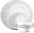 Corelle Vitrelle 18-Piece Service for 6 Dinnerware Set, Triple Layer Glass and Chip Resistant, Lightweight Round Plates and Bowls Set, Delicate Grid