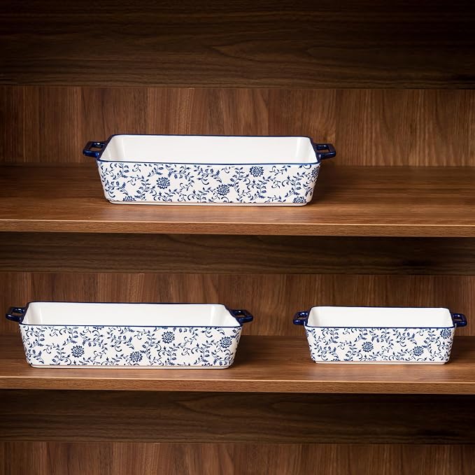Ceramic Bakeware Set - Casserole Dish Baking Dishes for Oven - Rectangular Lasagna Pans with Handles for Kitchen Cooking - Microwave & Dishwasher Safe - Set of 3 (15.1''/13.6''/9.9'') - Blue