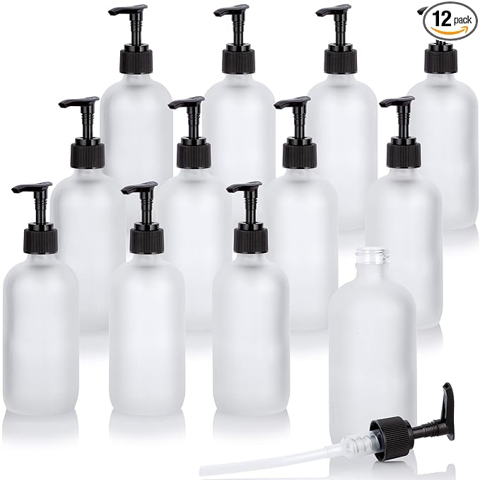 JUVITUS (12 pack) 8 oz / 240 ml Frosted Clear Glass Boston Round Empty Bottle with Black Lotion Pump