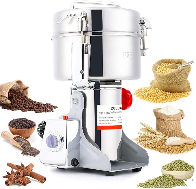 BI-DTOOL Electric Grain Mill Grinder 2000g Stainless Steel Pulverizer 36000r/min High-speed Grain Mill 3500W Dry Material Grinding Machine 270° swingable Superfine powder for Home and Commercial