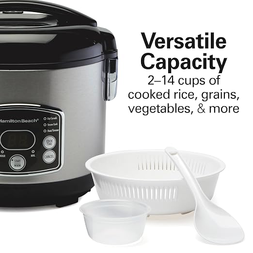Hamilton Beach Digital Programmable Rice Cooker & Food Steamer, 14 Cups Cooked (7 Uncooked) With Steam & Rinse Basket, Stainless Steel (37548)