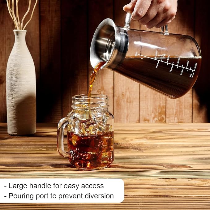Aquach 51oz Cold Brew Maker, Borosilicate Glass Iced Coffee Tea Pitcher | Dishwasher Safe, Up to 2 Weeks Freshness, Tapered Stability, Refrigerator Fit, 304 Stainless Filter