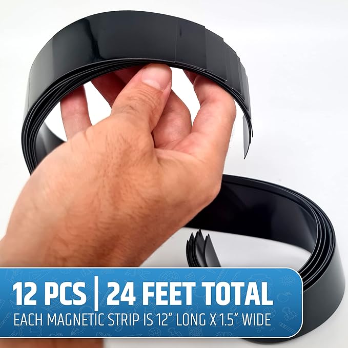 Strong & Wide Magnetic Borders for Classroom Whiteboard - Visible Magnetic Strips for Teachers (4 Designs Available) | Straight Plain - Black | 12 Strips of 24X1.5 Inch - 24 Feet Total