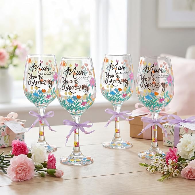 SiliFine 4 Pcs Floral Stemmed Hand Painted Wine Glasses Flower Drinking Cup with Bow Wine Glasses Gifts for Mom Grandmother Mother in Law Birthday Holiday Party Supplies