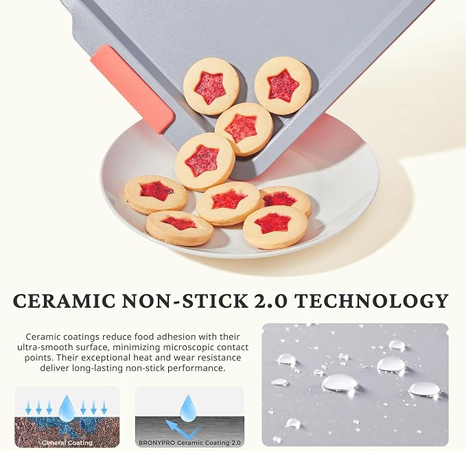 BRONYPRO Non Stick Ceramic Baking Sheet Pan Set of 3, Non Toxic Cookie Sheets (PFAS/PFOA/PTFE Free), Aluminized Steel Oven Trays with Silicone Handles, Rust-Resistant, Warp-Resistant to 500°F, Coral