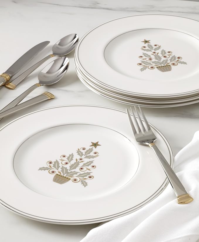 Lenox 897868 Federal Platinum Tree Accent Plates, Service For 4, Christmas Dishes, Dinnerware Set, Holiday