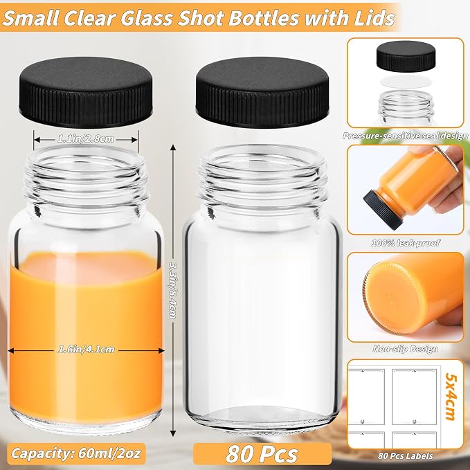 80 Pack 2 oz Glass Shot Bottles with Black Lids Small Clear Glass Jar for Ginger Shot Mini Juice Bottle Reusable Wide Mouth Travel Cup Leakage-Proof with Labels for Wellness Juice Milk Potion Liquids