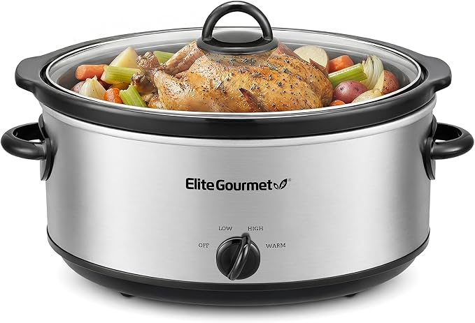 Elite Gourmet MST710 7 Quart Slow Cooker Pot, Removable Stoneware Insert, Tempered Glass Lid, Low/High/Keep Warm Settings, Dishwasher Safe, Cool-Touch Handles, One-Dial Control, Stainless Steel