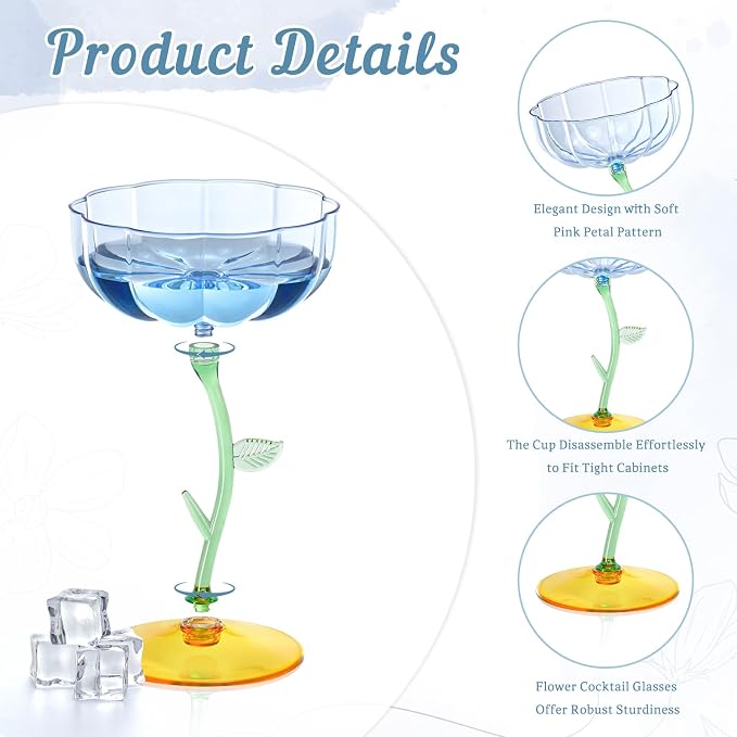 48 Pcs Blue Plastic Ribbed Coupe Glasses Detachable 7oz Flower Cocktail Glasses Modern Wavy Plastic Cocktail Coupes Disposable Martini Glasses Mimosa Glassware champagne goblets (48, Blue)