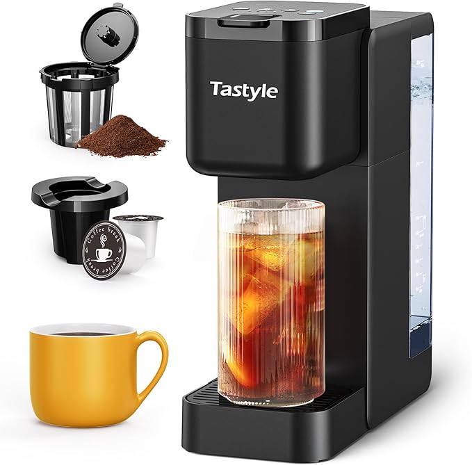 Tastyle Single Serve Hot & Iced Coffee Maker with Strong Brew, 40oz Removable Reservoir, 6 Brew Sizes, Compatible with K Cup and Grounds, Compact for Home, Office, RV and Dorm, Black (2.0 Version)