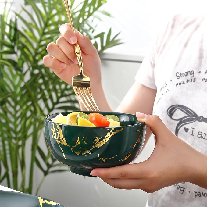 Microwave Safe Porcelain Green and Gold Dinnerware Set for 4 – 16 Piece Stackable Plates and Bowls Sets with Gold Accents