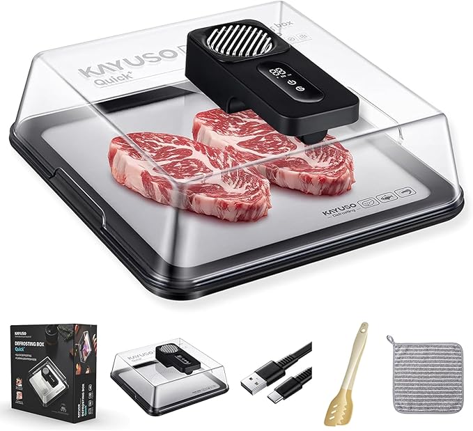 Defrosting Tray for Frozen Meat, USB Rechargeable Meat Defrosting Box with Lid, Aluminum Defrosting Tray BBQ, Airflow Technology, Non Stick Easy to Clean (Black)