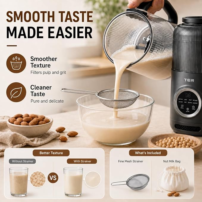 TER 40oz Nut Milk Maker Machine, Automatic Soy Milk Maker with 8 Smart Preset Programs, Almond Oat Soy Plant-Based Milk Maker with 12H Delay Start, Keep Warm, Self-Cleaning