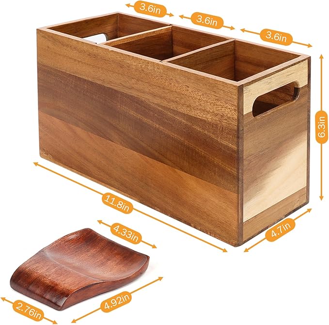 Relaxing Garden Wooden Utensil Holder for Kitchen Counter with Spoon Rest - Acacia Wood Utensil Organizer for Countertop, Rustic Wood Utensil Holder for Kitchen Storage