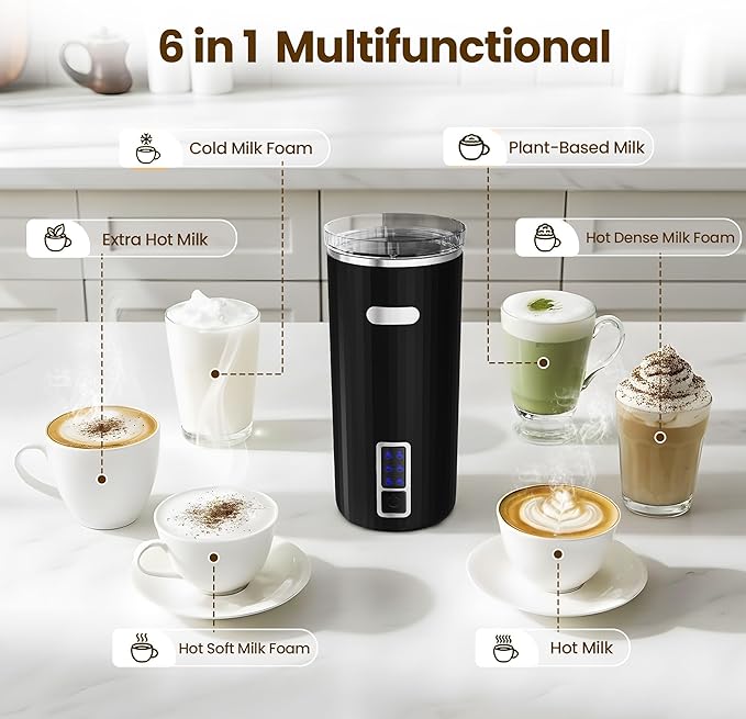 Kismile Milk Frother, 6-in-1 Electric Milk Steamer with Stainless Steel Inner Tank，Automatic Warm and Cold Foam Maker for Latte, Cappuccinos, Macchiato(Black)