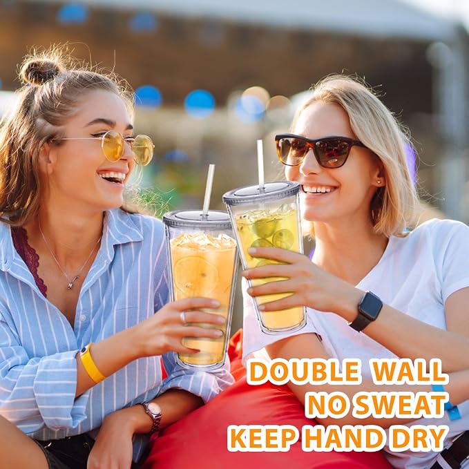 Zukro Clear Tumbler with Lid and Straw 32 oz, Wide Mouth Double Walled Insulated Reusable Acrylic Plastic Iced Coffee To Go Cup for Loaded Tea, Water, Lemonade, Fit in Cupholder, BPA Free, 2 Pack