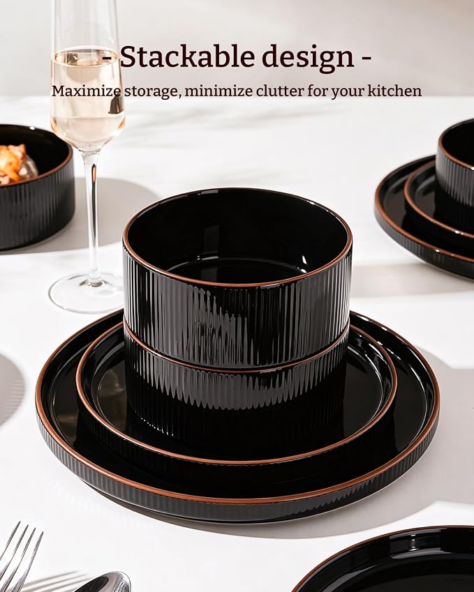 12-Piece Plates and Bowls Set, Porcelain Dinnerware Sets for 4 Service, Modern Dish Set with Rust-Red Rim, Chip and Scratch Resistant, Dishwasher & Microwave Safe, Black