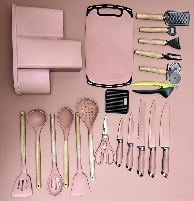 Kitchen Utensils and Knives Set, 20PCS Knife and Cooking Spoon Tools Set with Storage Holder, Sharp Stainless Steel Knife Sets with Bread, Chef Knife (Pink)