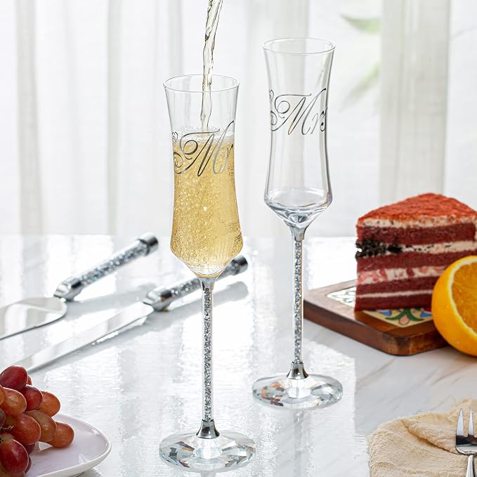 Wedding Champagne Flutes and Cake knife Server Set, Mr and Mrs Champagne Flutes, Bride and Groom Champagne Glasses and Cake Cutting set for Wedding Gifts