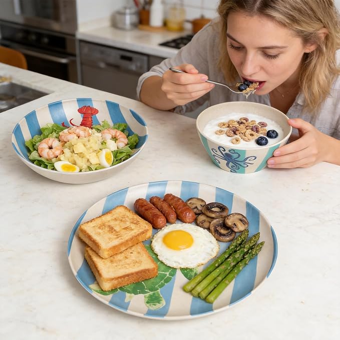 Unbreakable Dinnerware Set for 4 Natul with Blue Stripe Lobster Crab 12 Piece Melamine Wheat Straw BPA Free Lightweight Dishwasher Safe Shatter Resistant for Camping Outdoor RV Party