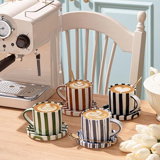 Unittype 8oz Cappuccino Cups Set of 4 with Saucer and Gold Spoons Ceramic Retro Hand Painted Striped Coffee Mugs with Handle, 4 Colors Art Cup, Dishwasher & Microwave Safe for Espresso, Latte