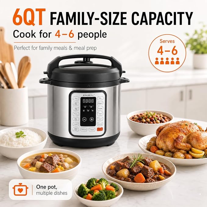 KINGBULL 6QT Electric Pressure Cooker – 12-in-1 Multi Cooker, One-Touch Programs for Rice, Soup, Meat, Steam, Yogurt, Slow Cook, Keep Warm & Delay Start