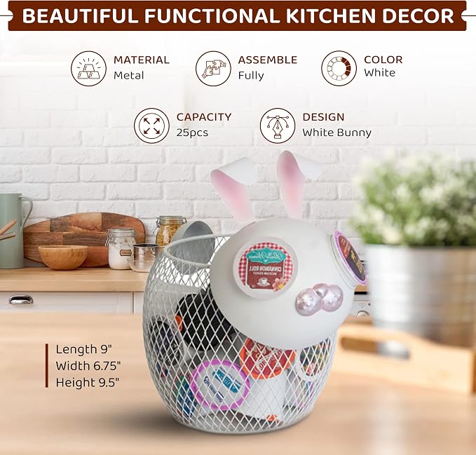 Made Easy Kit Coffee Pod Basket Organizer Useful Decor - Compatible with Keurig K-Cup Pods - Home Coffee Bar Functional Decoration - Café Station Countertop Freestanding Storage Accessory (WHT Bunny)