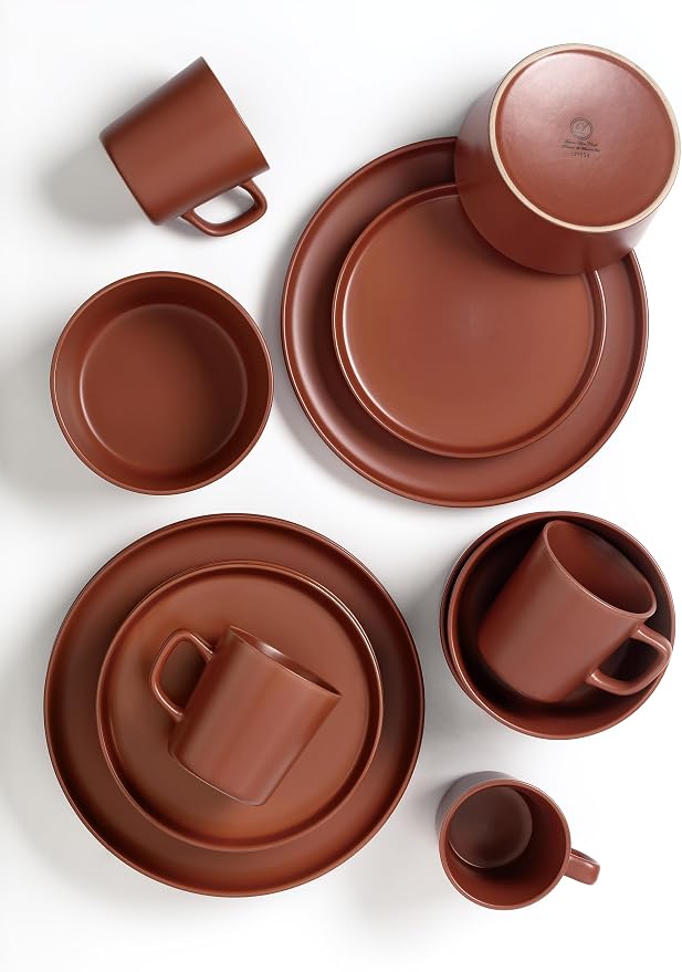 Lorren Home Trends Red Stoneware Dinnerware Set, 16 Piece, Service for 4, Microwave and Dishwasher Safe