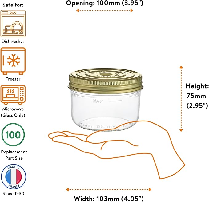 Le Parfait Familia Wiss 12oz (350ml) Wide Mouth Glass Canning Jars – 4PK Made in France, Airtight 2-Piece Lid, Reusable Zero Waste & Eco-Friendly for Kitchen Storage, Meal Prep & Baking