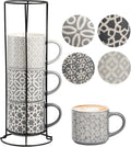Hiceeden Set of 4 Coffee Mugs with Metal Stand, 15 oz Stackable Espresso Cups Ceramic Coffee Mugs for Cocoa, Latte, Americano, Cappuccinos or Beverages