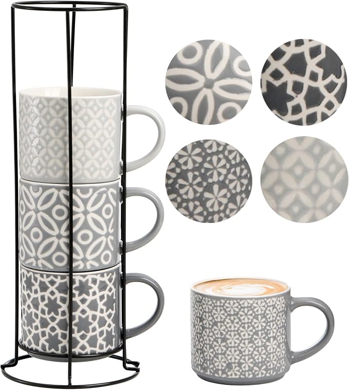 Hiceeden Set of 4 Coffee Mugs with Metal Stand, 15 oz Stackable Espresso Cups Ceramic Coffee Mugs for Cocoa, Latte, Americano, Cappuccinos or Beverages