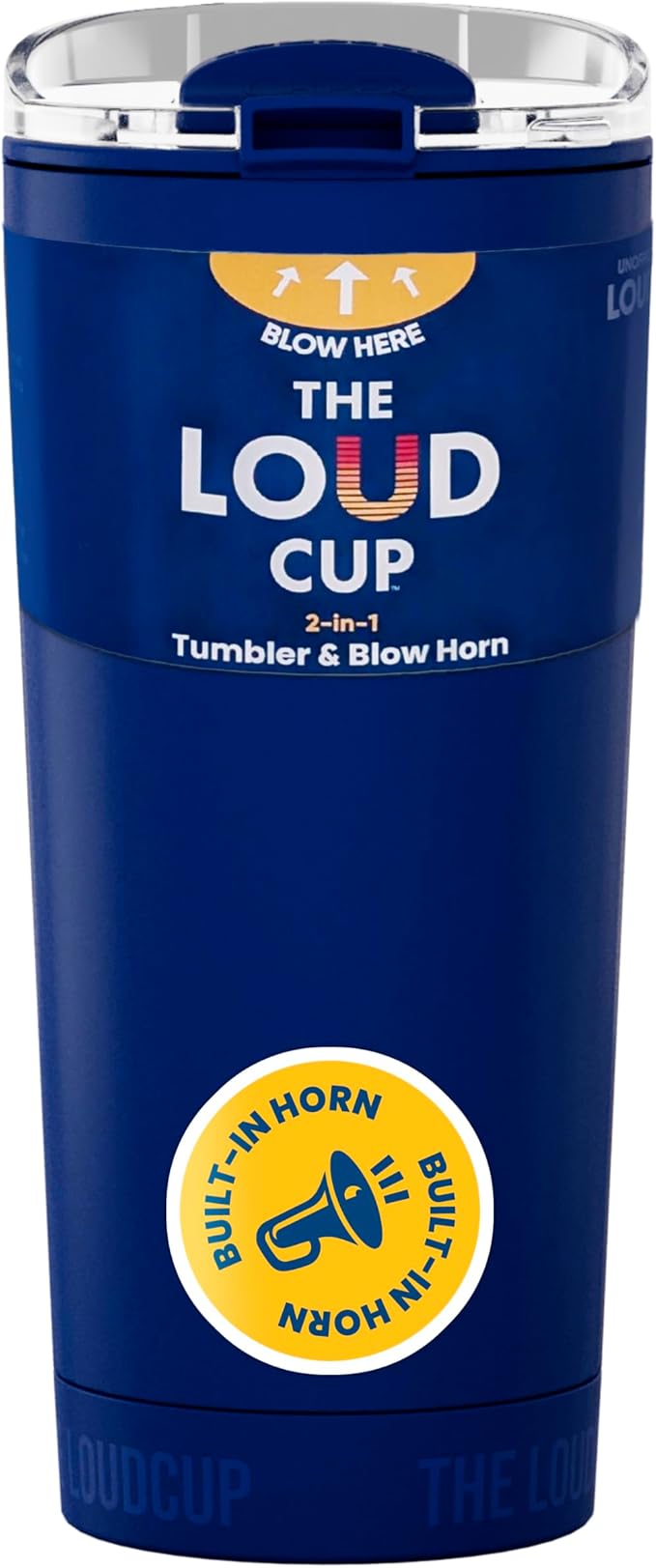 The LoudCup Blow Horn Tumbler, Cheer & Sip 2-in-1 Reusable Water Bottle with Built-In Horn for Sports Games, Tailgates, Parties & Events, BPA-Free, 16 oz, Classic Navy