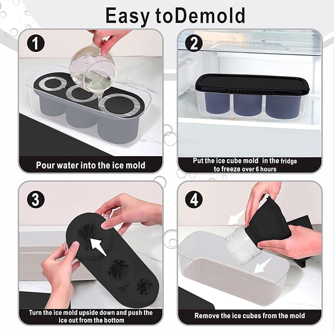 2pc Tumbler Ice Tray for Stanley/Yeti/Simple Modern etc. 30-40oz Tumblers, Silicone Ice Cube Tray for Tumblers with Bin and Lid, Black