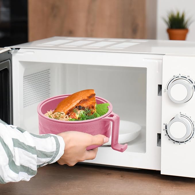 2 Sets Microwave Ramen Bowl 40 oz Wheat Fiber Portable Instant Noodle Cooker Bowl with Handles Strainer Spoon Chopstick Fork College Dorm Room Apartment Essentials(Pink, Light Blue)