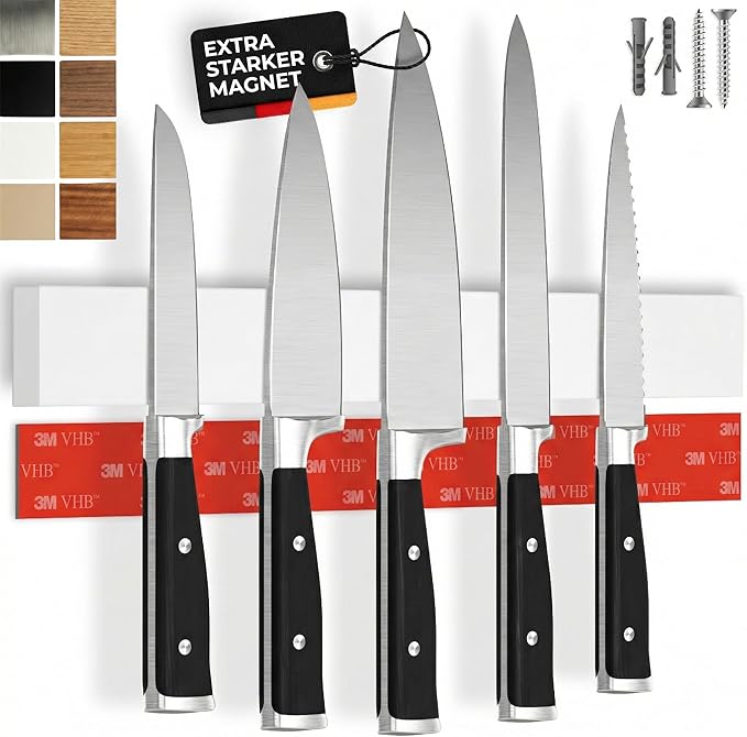 CUCINO Magnetic Knife Holder for wall, 16" no drilling required, includes self-adhesive tape, extra strong for holding knives – Awarded magnet strip – White Rubber