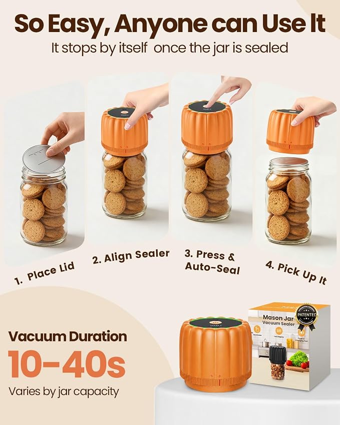 2026 Upgraded Electric Mason Jar Vacuum Sealer Kit with Wide and Regular Mouth Mason Lids -80kpa Automatic Vacuum Pump 2500mAh Battery One Touch Canning Sealing Machine for Food Storage Orange