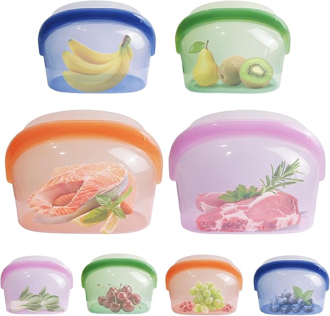 8 Pcs Reusable Silicone sealed Food Storage Bags, Multi-Role Food Storage Bags, Leak Proof, Freezer Safe, Microwave Safe, Dishwasher Safe, Eco-friendly