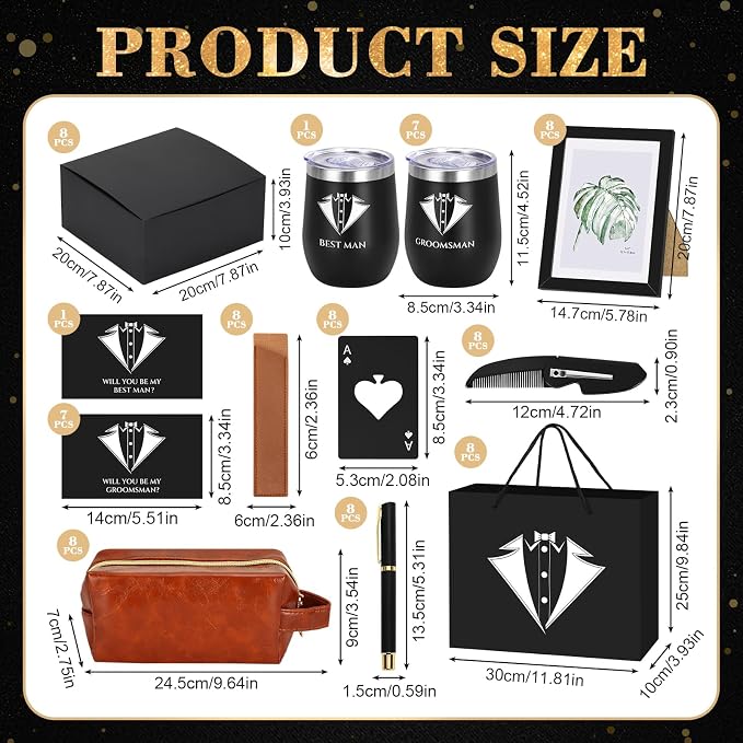 80PcsGroomsmen Proposal Gift of 8 Sets with 12OZ Wine Tumbler PU Leather Toiletry Bag Photo Frame Bottle Opener Pens with Exquisite Package for Wedding Groomsman Best Man Gift (8 set)