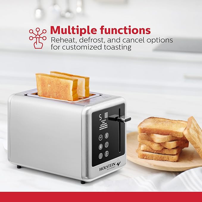 Holstein Housewares 2-Slice Digital Toaster – Extra-Wide Slots, LED Display, Countdown Timer, Reheat, Defrost, Cancel & High-Lift Release – Compact Toaster with Removable Crumb Tray, Silver & Black