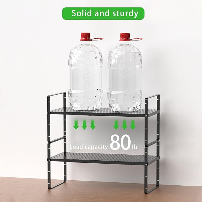 Expandable Cabinet Organizer Shelf - Adjustable Width (16.5”-27.1”), Stackable, Heavy Duty 80 lbs, for Kitchen Pantry, Countertop, Office, Spice Rack - Black, Small Size, 1 Pack