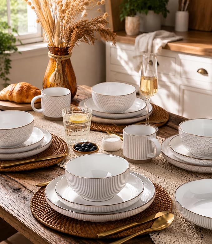 GBHOME Dinnerware Sets for 4, Farmhouse Style Stoneware Plates and Bowls Sets, 12 Pieces Embossed Scratch Resistant Dishes, Dishwasher & Microwave Safe, Off-White