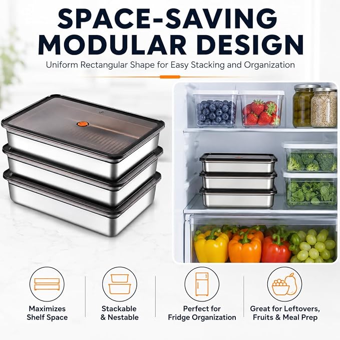 3-Pack Stainless Steel Food Storage Containers with Airtight Lids - Vacuum Seal Meal Prep Containers for Fridge Organization - Leakproof & Stackable Food Storage Set for Kitchen Freezer & Oven Safe