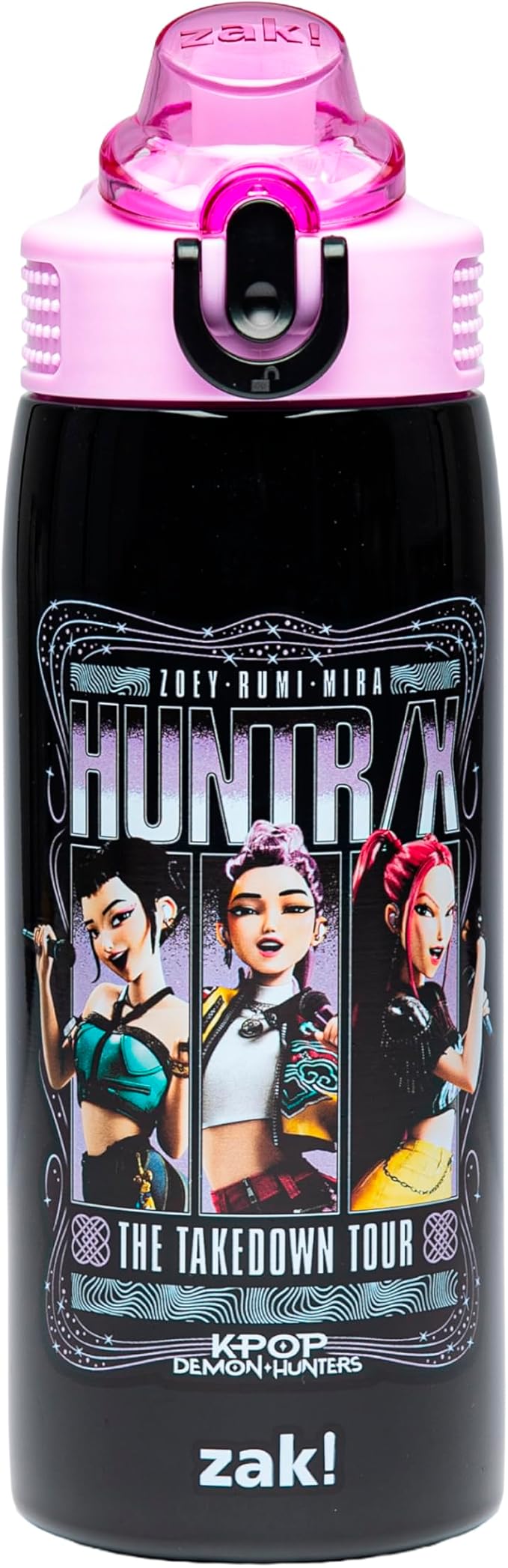 Zak Designs KPop Demon Hunters Sage Kids Water Bottle For School or Travel, 19oz Stainless Steel Water Bottle With Straw and Leak-Proof, Pop-Up Spout Cover, BPA Free (Huntrix Takedown Tour)