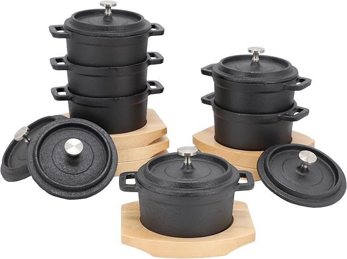 MegaChef Cast Iron 8 Ounce Mini Dutch Oven with Wood Tray, Cookware, Bakeware, Serveware (6 Piece)