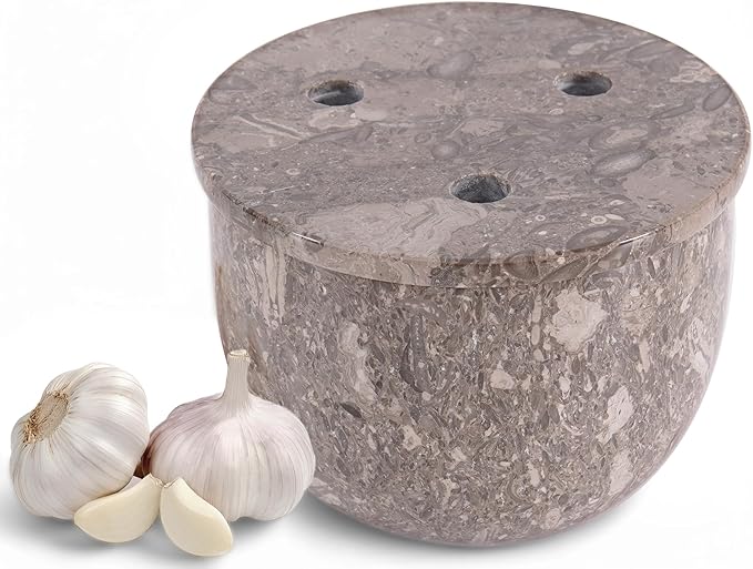Radicaln Marble Garlic Keeper With Lid 4.5 Inch Oceanic Handmade Garlic Storage and Garlics Container For Kitchen, Keep Fresh Garlic Cloves, Ideal Garlic Keeper for Counter