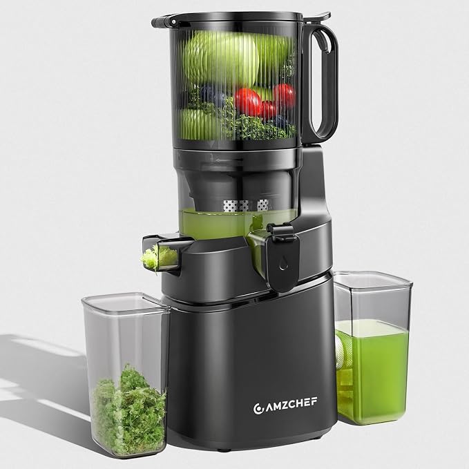 AMZCHEF Cold Press Juicer Machine, 5.8" Wide Chute for Whole Fruits & Vegetables, Self-Feeding Slow Masticating Juicer, 3-in-1 for Juice, Nut Milk & Sorbet, Triple Filtration, Easy Clean