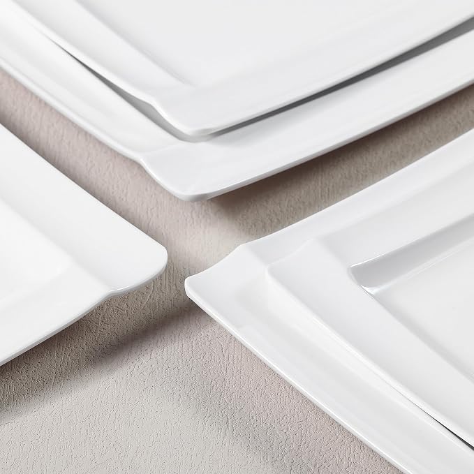 Square Melamine Dinnerware Sets of 12 Pcs,Square Plates and Bowls Sets,Unbreakable Dish Set for 4,Lightweight, Dishwasher Safe and BPA Free,Suit for RV,Camping（White）