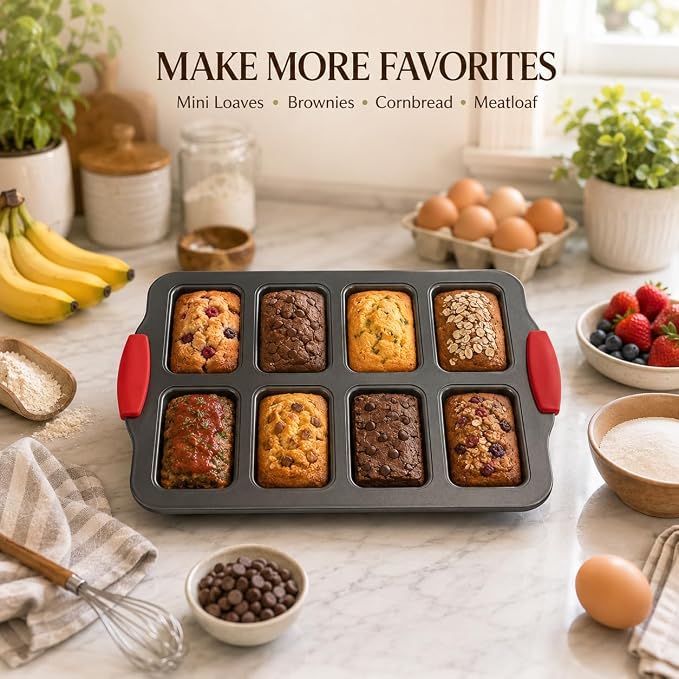 Mini Loaf Baking Pans, 2 Pack 8-Cavity Carbon Steel Banana Bread Pan and 100 Parchment Liners, Nonstick Mini Loaf Pan for Baking Bread, Cornbread, Brownies