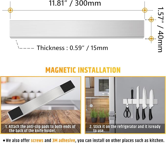 Fridge Applicable 12 Inch Double Sided Magnetic Knife Holder - Stainless Steel Knife Strip With Powerful Magnetic Pull Force - Use as Kitchen Knife Holder, Knife Rack & Tool Holder - Silver
